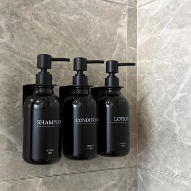 Набір дозаторів для мила та шампуню на стіну, 500 мл, 3 шт., без свердління, колір бурштиновий (чорна пляшка + чорний насос)