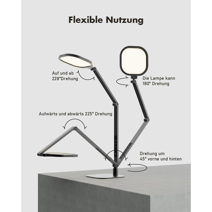 Стійка лампа LED з регулюванням яскравості, захист зору, денне світло, торшер для столу з 3 режимами кольору та сенсорним керуванням/функцією пам'яті, 15W, поворотна, чорна