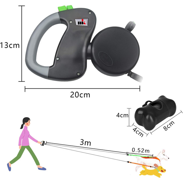 Автоматична собача леїнка Makife Dual Doggie - 3м, для маленьких та середніх собак, з пакетиками для вигулу (15 шт)