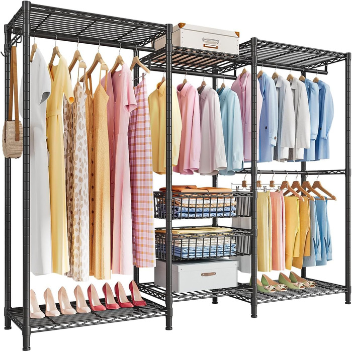 Heavy-Duty Clothes Rack, Garment Rod, Wardrobe, Freestanding Clothes Rail with Height-Adjustable Shelves and Storage Baskets, Load Capacity up to 320 kg, White (Black)