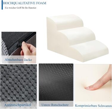 Сходинка для собак 3 сходинки, для маленьких собак, до ліжка/дивану, водонепроникна, з неслизьким покриттям, знімний чохол, з високощільним губчастим наповнювачем, 60x40x40 см