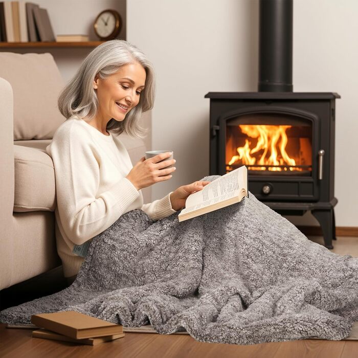 Електрична гріюча ковдра TLGREEN 180x130 см з м'якою підкладкою, імітація овечої шкури, з автовимкненням, двостороння, захист від перегріву, таймер, 9 температурних режимів, пральна, ковдра для дивана, ліжка, офісу, коричнево-сіра