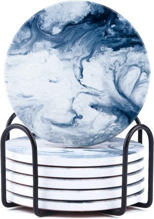 Fun coasters for drinks, marble-style, absorbent ceramic coasters with metal stand, housewarming gifts, decor set of 6, with cork base for wood table