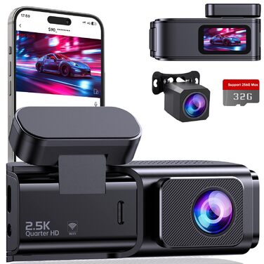 Автомобільний відеореєстратор Dashcam Dual 2.5K + 1080P з WiFi, 32GB SD-картою, ширококутним об'єктивом 170°, нічним баченням та датчиком удару G-сенсором, чорний