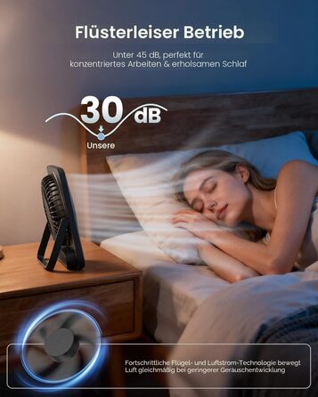 Настільний вентилятор Otlonpe, безшумний портативний USB-вентилятор з акумулятором 4000mAh, LED-дисплеєм та регулюванням на 180°, чорний