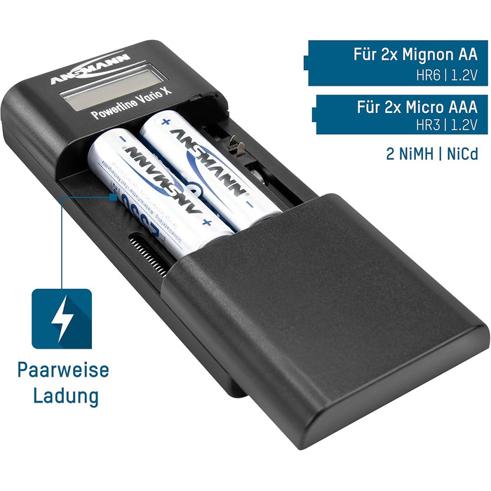 Зарядний пристрій Powerline 8 для акумуляторів AA/AAA з LED-дисплеєм, функцією визначення несправних акумуляторів та захистом від перезарядки (Powerline Vario)