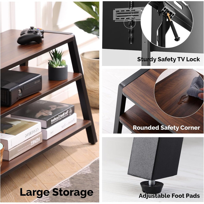 FITUEYES TV Stand with Mount - Adjustable Height TV Console for 37-70 inch TVs (up to 35kg) - Brown Wood