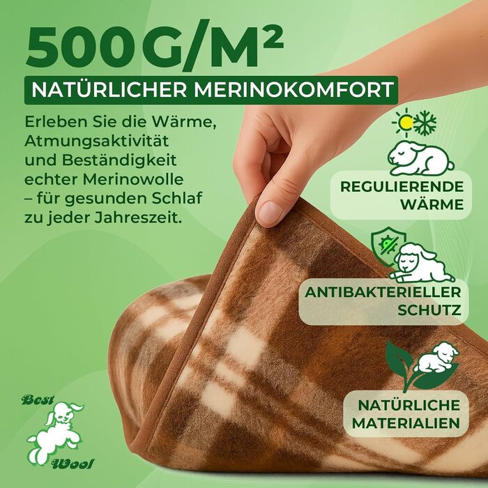 Плед з мериносової вовни, 240x200 см - теплий та м'який плед з 100% вовни мериноса, великий та пухнастий, вага 500 г/м², дихаючий матеріал, коричневий