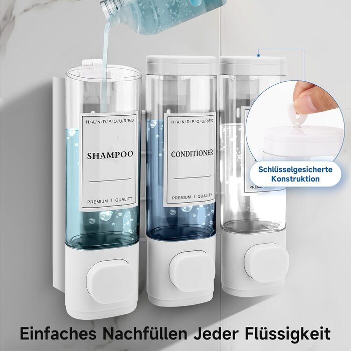 Настінний диспенсер для мила та гелю для душу з 3-ма відсіками, 300 мл, ABS пластик, для готелів та дому