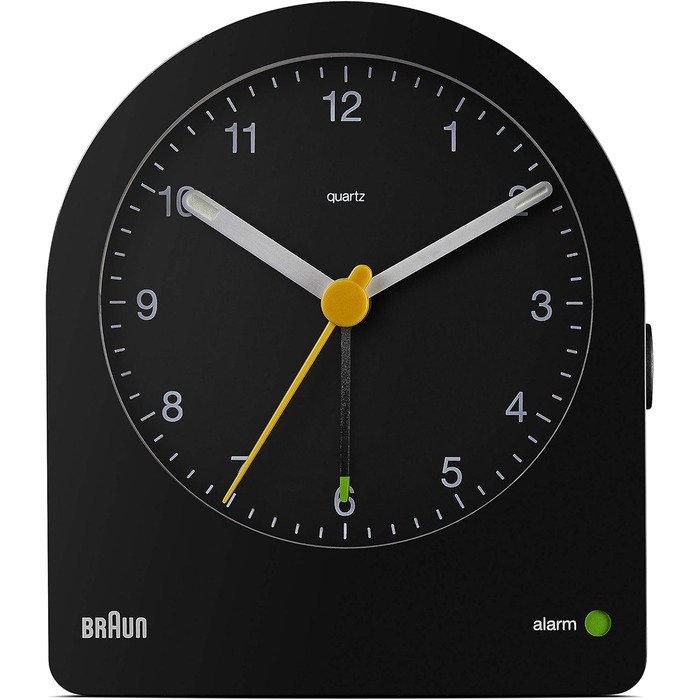Braun Classic Analog Alarm Clock with Snooze Function and Continuous Backlight, Quiet Quartz Movement, Crescendo Alarm in Black, Model BC22B.
