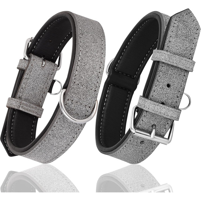 Riparo Genuine Leather Adjustable Dog Collar with Additional Reinforcement (: 4.5CM Wide for 53.4CM - 63.5CM Neck, ) (XL, Grey/White Thread)
