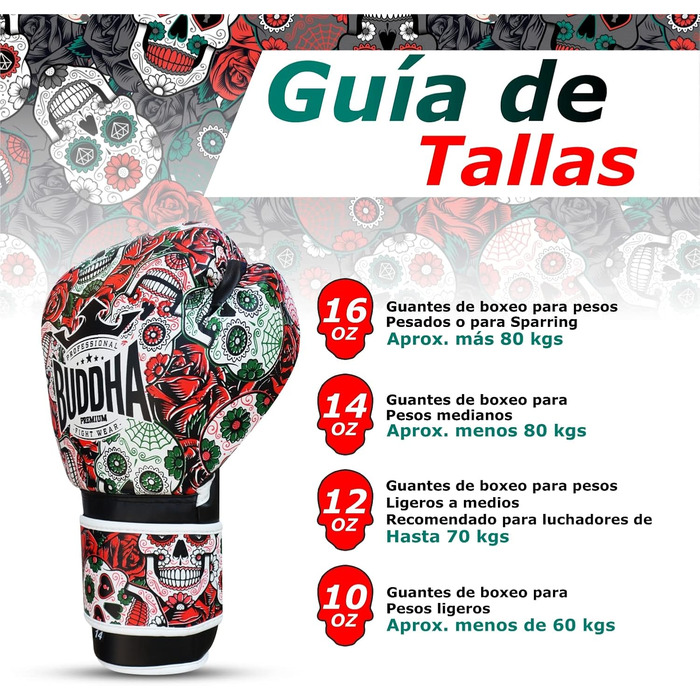 BUDDHA FIGHT WEAR Luzbel Boxing Gloves - Muay Thai & Kickboxing - Red 12oz Leather Interior - Reinforced Stitching - Multiple Designs