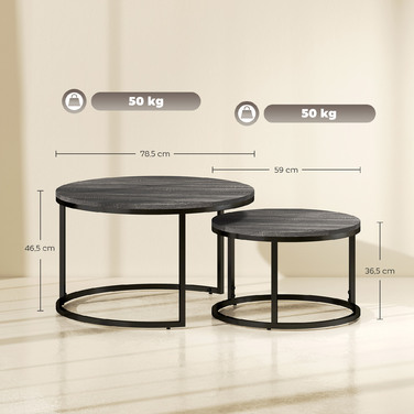 HOMCOM Round Coffee Table 2-Piece Set Stackable Side Table with Metal Frame, Living Room Table with Wood-Look Finish, Coffee Table for Living Room Bedroom Black | Aosom