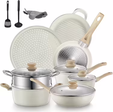 FOHERE 15-Piece Cookware Set, Induction Cookware Set with Glass Lids, Pots and Pans Set, Cookware Set, Non-Stick Coating, Suitable for All Cooktops including Induction, White