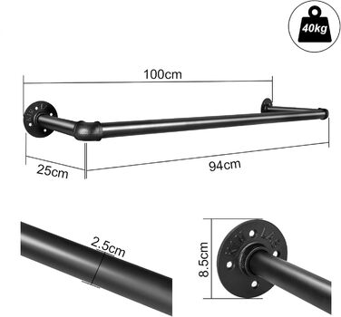 Wall-Mounted Clothes Rack, Pipe Clothes Rail, Industrial Style Wall Hanger, Detachable Metal Clothes Rod, Coat Rack, Bedroom for Hallways, Living Room, Bedroom (100cm)