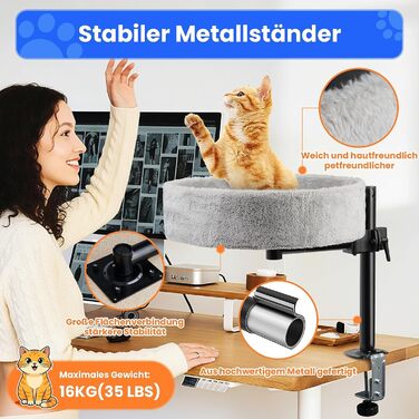 BSWAY Крісло-гніздо для кота на стіл - Покращена 360° обертання, регульована висота, без свердління. Підвищене котяче ліжко над столом. Тримає кошеня/кота близько, робочий простір вільний. Крісло-ліжко для кота на стіл (Сірий, XL)