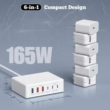 Зарядний пристрій USB-C 120W GaN, 6 портів, для iPhone/Samsung/Google/планшетів, білий