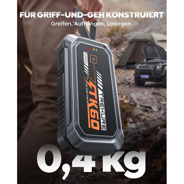 Бустер для автомобіля TREKURE 7000A — Пусковий пристрій (Powerbank) для авто до 9л бензин та 6.5л дизель, з функцією примусового запуску, магнітним кріпленням та 4-в-1 LED робочим світлом