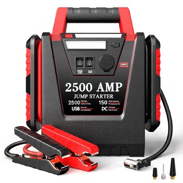 Пусковий пристрій для авто 2500A з компресором 150 PSI, бустер акумулятора 12V для вантажівок та SUV (до 8.0L), Powerbank 20000mAh з ліхтарем 500LM, чорний