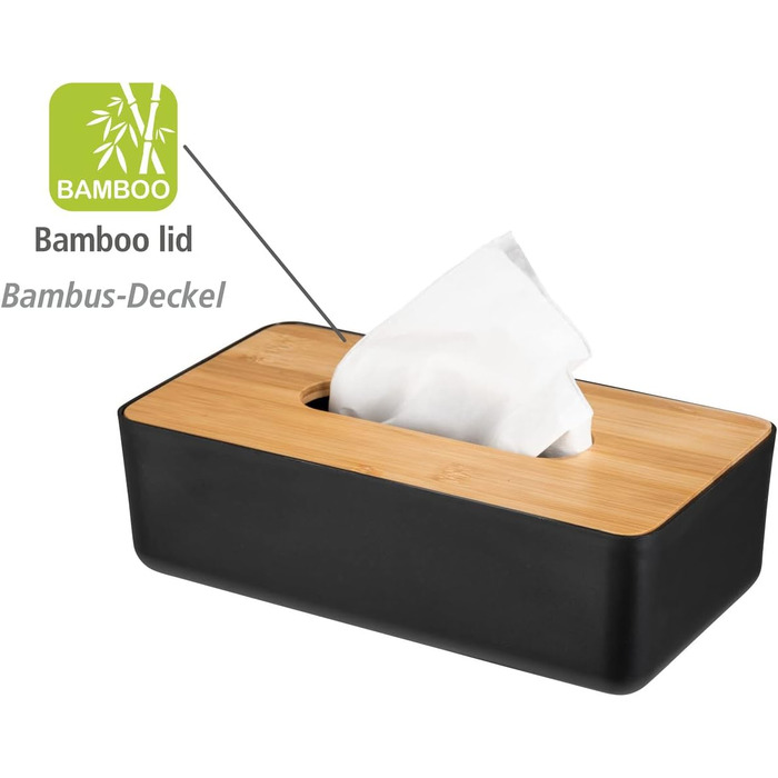 WENKO Косметична коробочка Rotello, для серветок/косметичних тканин, бамбуковий кришка, 24 x 7,5 x 12,7 см, чорний/натуральний чорний