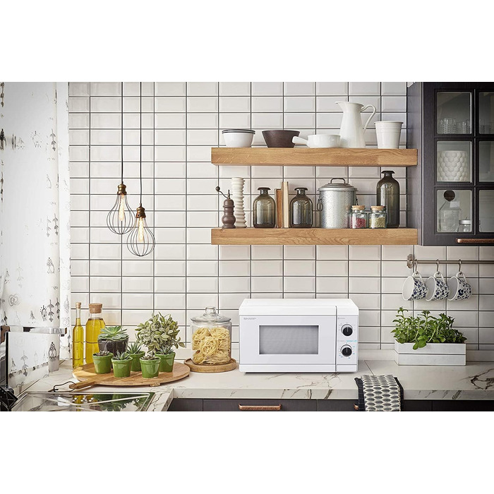 Мікрохвильова піч SHARP R200BKW Solo, 20 л, 800 Вт, 5 режимів, таймер, функція розморожування за вагою, енергозберігаючий режим, скляний піднос 25,5 см