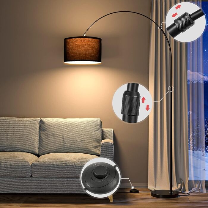 Торшер арковий Modlicht Jasmin I з LED E27, чорний тканинний абажур 33 см, педальний вимикач, вінтажний, для вітальні та спальні