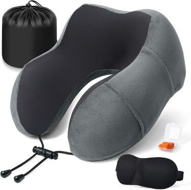 Подушка для шиї у літак - подушка для подорожей Memory Foam, ергономічна форма - подушка для шиї з маскою для сну, навушниками, сумкою - ідеально для літака, подорожей, офісу, дому (Сірий)