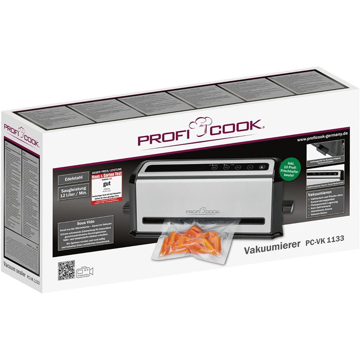 ProfiCook® Вакуумний пакувальник PC-VK 1080 | Sous Vide та вакуумне приготування | 10 пакетів, нержавіюча сталь, чорний