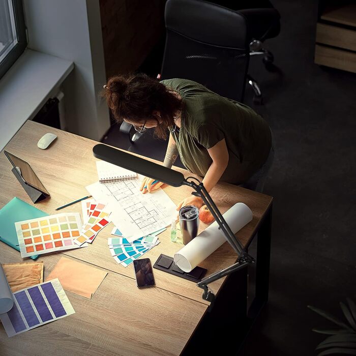SKYLEO LED Desk Lamp with Adjustable Gooseneck - 80cm Height, 5 Color Modes, 11 Brightness Levels, Timer & Memory Function, 12W, Black - Clamp-On Design