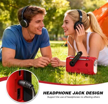 Радіоприймач Kurbelradio з навушниками, AM/FM/SW, сонячне аварійне радіо, 2000mAh Power Bank, радіо на батарейках, будівельне радіо з всесвітнім приймачем, ліхтарик SOS для аварійного обладнання 297-Red