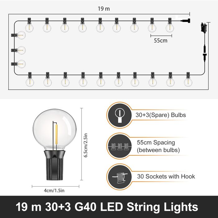 LED-гірлянда для зовнішнього використання, 19 м, з 30+3 лампочками G40, IP44, для декору саду, вечірок, балкону