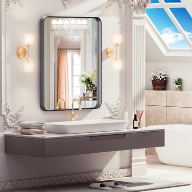 Дзеркало для ванної кімнати Hasipu, 55 x 60 см, глибокий чорний каркас, прямокутне, вертикальне/горизонтальне кріплення, для ванної, вітальні, входу