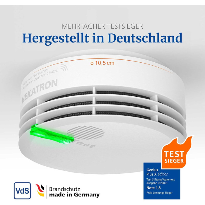Hekatron Genius Plus X – Interconnected Smoke Detector, 10 Years Battery – with Base X Radio Module – Stiftung Warentest Test Winner – made in Germany – Wireless Smoke Detector Set – multilingual – 1 Piece