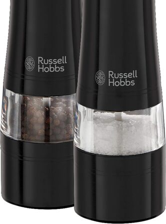 Електричні млини для солі та перцю Russell Hobbs 28010-56, керамічний механізм, чорні, набір 2 шт, для спецій і трав, регульований помел, LED підсвітка
