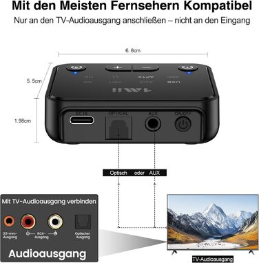 Bluetooth 5.3 трансмітер 1Mii для телевізора з підтримкою aptX Low Latency та Dual Link, B06T6-US