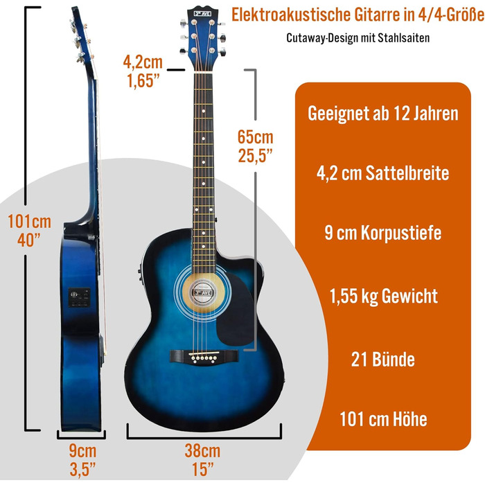Акустична гітара 3rd Avenue 4/4 з Cutaway, для початківців – набір з чохлом, ремінком, медіатором та запасними струнами, колір натуральний (блакитний)