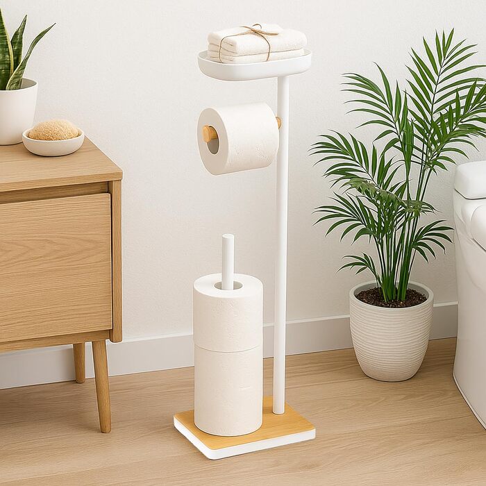 Підставка для туалетного паперу Relaxdays з полицею, білий/натуральний, 68x20,5x16 см