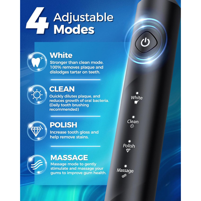 Електрична зубна щітка Rotierende для дорослих з 8 насадками, 4 режимами чищення, акумулятором на 60 днів та Smart-таймером на 2 хвилини - професійна електрична зубна щітка (чорна)