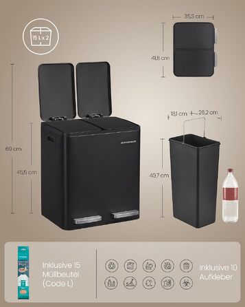 Сміттєвий відер SONGMICS PARY LTB160EZ01 для кухні, 2 відсіки по 15 л, нержавіюча сталь, кришка Soft-close, педальний механізм, сріблястий (чорний), з 15 пакетами