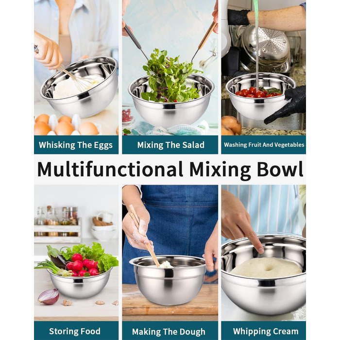 Set of 7 stainless steel bowls with colorful lids, mixing bowls, salad bowls, stackable for minimal storage, essential cooking, kitchen utensils