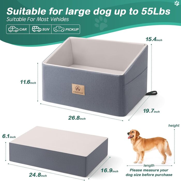 Автокрісло для собак, сіре, велике, з підняттям та кишенями для зберігання, до 25 кг, для великих собак та цуценят