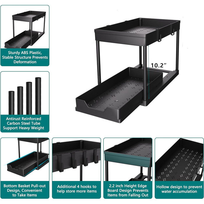 DEKAVA Kitchen Organizer, 2 Under Sink Shelf, Closet Kitchen Organizer with 4 Hooks, Closet Basket for Kitchen, Bathroom, Cleaning Supplies, Detergent (Black)