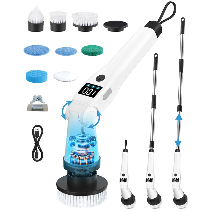 Електрична щітка для прибирання з 8 насадок, 3 швидкості, IP65 водостійка, регульована ручка, акумуляторна щітка для ванної, кухні, плитки, душу та кутів (біла)