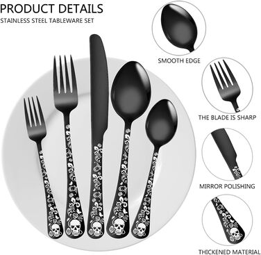 Набір столових приборів Xiaoyu Готичний (20 шт) для 4 осіб: Черепи, квіти, чорний колір - ідеально для Хелловіну