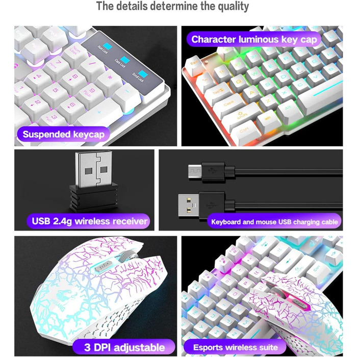 Бездротова клавіатура з підсвічуванням RGB, 2.4G, механічна, 104 клавіші, ігрова + миша 2400 DPI, 6 кнопок, оптична LED, килимок для миші (білий)