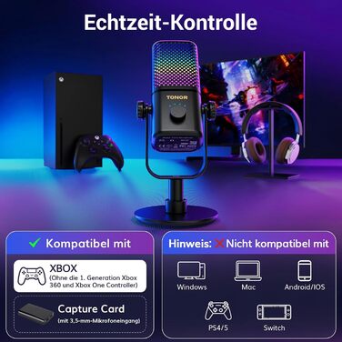 Мікрофон TONOR TCX3 для Xbox з RGB підсвічуванням та контролем Gain, акумулятор 30 годин, для стримінгу та подкастингу, сумісний з відеокартами