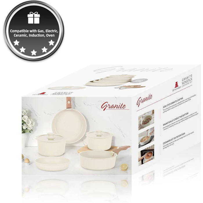 Набір посуду RIOVARM з індукційним дном, 15 предметів: каструлі та сковороди з антипригарним гранітним покриттям та знімними ручками, кришки з силікону. Без PFOA.