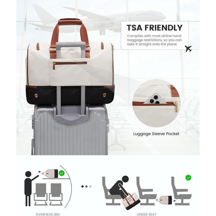 Спортивна сумка LOVEVOOK 37L для подорожей: Weekender, Duffel, Carry-on з відділенням для взуття та мокрих речей, водонепроникна, для відпочинку, авіаперельотів (L, Бежево-чорно-коричнева)