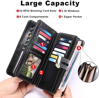 LUROON Wallet for Women Large with Many Compartments, Leather Wallet for Women Large with 24 Card Slots, RFID Women's Wallet Long Wallet for Women with Phone Pocket and Zipper