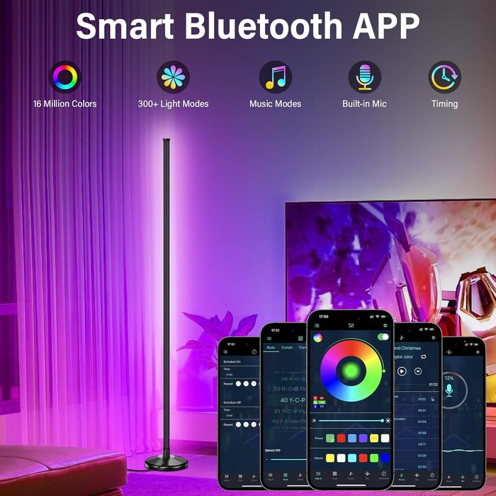 LED торшер для вітальні 145 см RGB, диммування, керування пультом/APP, 16 млн кольорів, 300 режимів, музичний режим, DIY, чорний